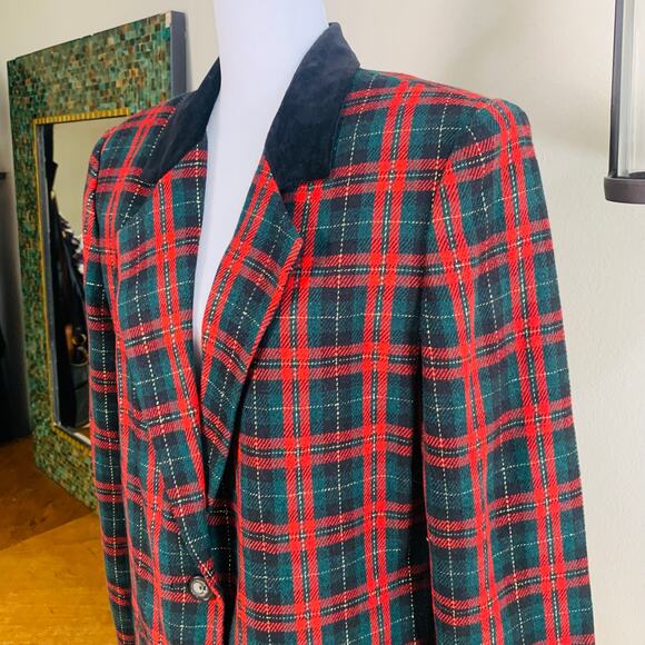 Vintage Sag Harbor Size 12 Velvet Collar Plaid Blazer Jacket Christmas Holiday - Picture 2 of 6